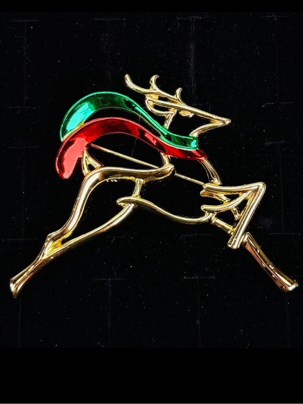 Goldtone Festive Holiday Christmas Reindeer Brooch with Red and Green Accents